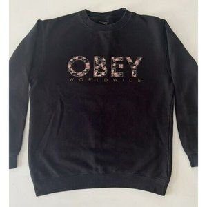 OBEY Black Crew Neck Sweatshirt Size Medium Floral Rose Logo